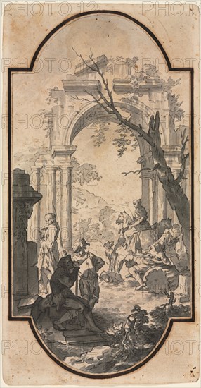 Triumphal Arch and Figures, first half 1700s. Andrea Locatelli (Italian, 1695-1741). Brush and gray and black wash, over black chalk; framing lines in black chalk, and brown ink (iron gall); sheet: 32.4 x 16.9 cm (12 3/4 x 6 5/8 in.); image: 30.4 x 15.2 cm (11 15/16 x 6 in.).