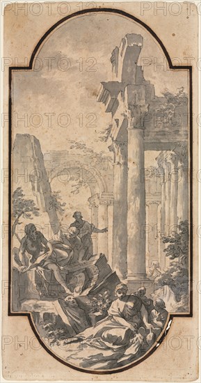 Figures Near the Ruins of a Corinthian Temple (recto), first half 1700s. Andrea Locatelli (Italian, 1695-1741). Brush and black and  gray wash, over traces of black chalk; framing lines in black chalk, and brown ink (iron gall); sheet: 32.1 x 16.9 cm (12 5/8 x 6 5/8 in.); image: 30.4 x 15 cm (11 15/16 x 5 7/8 in.).