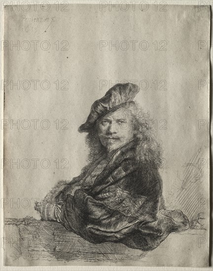 Self-Portrait Leaning on a Stone Sill, 1639. Rembrandt van Rijn (Dutch, 1606-1669). Etching and drypoint; sheet: 20.6 x 16.3 cm (8 1/8 x 6 7/16 in.); platemark: 20.4 x 16.1 cm (8 1/16 x 6 5/16 in.)