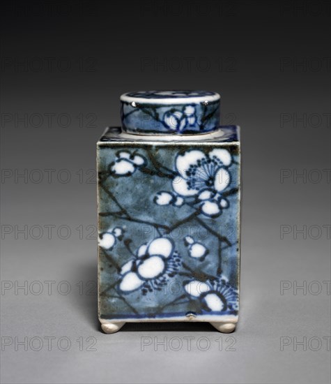 Tea Container with Plum Blossoms, 1800s. Aoki Mokubei (Japanese, 1767-1833). Porcelain with underglaze blue; overall: 7.7 x 4.8 cm (3 1/16 x 1 7/8 in.).