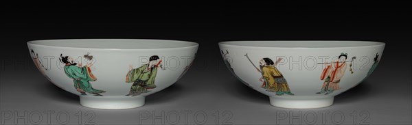 Pair of Bowls with Eight Immortals, 1662-1722. China, Jiangxi province, Jingdezhen kilns, Qing dynasty (1644-1912), Kangxi reign (1661-1722). Porcelain with famille verte overglaze enamel decoration; diameter: 22.5 cm (8 7/8 in.); diameter of mouth: 22.4 cm (8 13/16 in.).