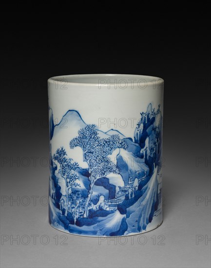 Brush Pot with Landscape, 1662-1722. China, Jiangxi province, Jingdezhen kilns, Qing dynasty (1644-1912), Kangxi reign (1661-1722). Porcelain with underglaze blue decoration; diameter: 12.3 cm (4 13/16 in.); overall: 15.2 cm (6 in.).