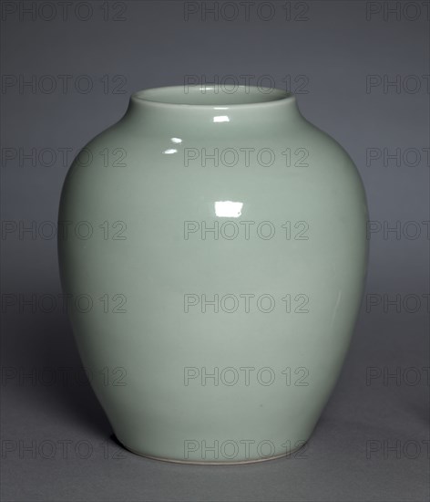 Jar with Crescents in Relief, 1736-1795. China, Jiangxi province, Jingdezhen kilns, Qing dynasty (1644-1912), Qianlong mark and reign (1736-1795). Porcelain with applied decoration and celadon glaze; diameter: 16.6 cm (6 9/16 in.); overall: 18.9 cm (7 7/16 in.).