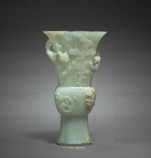 Vase in Form of Archaic Zun with Dragons in Relief, 1736-1795. China, Qing dynasty (1644-1912), Qianlong reign (1735-1795). White jade; overall: 22.1 x 12.3 x 6.9 cm (8 11/16 x 4 13/16 x 2 11/16 in.).