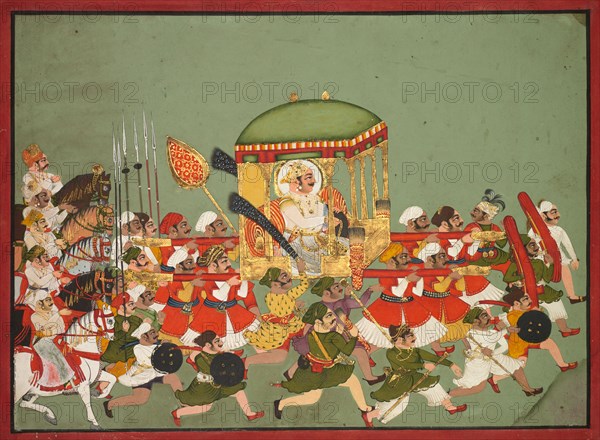 Maharao Chattar Sal (reigned 1758–64) of Kota in a Palanquin, c. 1760. Northwestern India, Rajasthan, Kota. Color and gold on paper; overall: 28.3 x 39.2 cm (11 1/8 x 15 7/16 in.); with borders: 31.6 x 42.7 cm (12 7/16 x 16 13/16 in.).