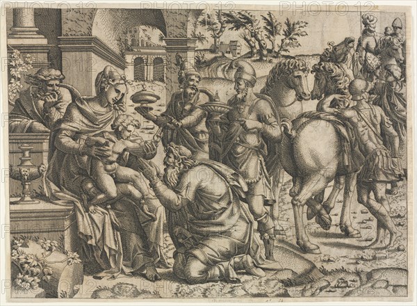 The Adoration of the Magi, c. 1545. Jean Mignon (French), after Luca Penni (Italian, 1500/04-1557). Etching; sheet: 31.2 x 42.3 cm (12 5/16 x 16 5/8 in.); secondary support: 32 x 43.1 cm (12 5/8 x 16 15/16 in.)