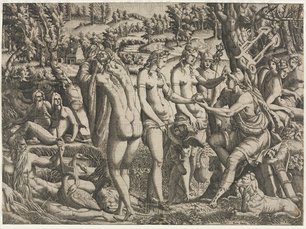The Trojan War: The Judgment of Paris, c. 1545. Jean Mignon (French), after Luca Penni (Italian, 1500/04-1557). Etching; sheet: 30.7 x 41.7 cm (12 1/16 x 16 7/16 in.)