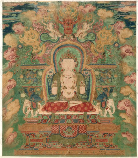 Manjushri, c. 1500-1550. China, Ming dynasty (1368-1644). Tangka mounted as a hanging scroll, opaque watercolor and gold on cotton; image: 124 x 107.3 cm (48 13/16 x 42 1/4 in.); overall: 208.8 x 120.6 cm (82 3/16 x 47 1/2 in.).