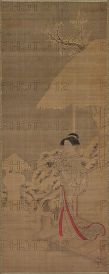 Beauty (Bijin) in the Snow, late 18th-early 19th century. Kokan Shiba (Japanese, 1747-1818). Hanging scroll; ink and color on silk; image: 103 x 40.4 cm (40 9/16 x 15 7/8 in.); overall: 193 x 60 cm (76 x 23 5/8 in.).