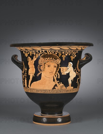 Apulian Bell-Krater, c. 390-380 BC. South Italy, Apulia, 4th Century BC. Earthenware with slip decoration; overall: 38 cm (14 15/16 in.); diameter of rim: 40.3 cm (15 7/8 in.); diameter of foot: 18.4 cm (7 1/4 in.).