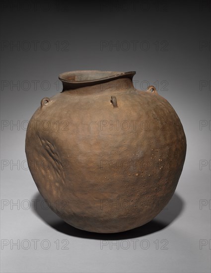 Short-necked Storage Jar, 300s. Korea, Three Kingdoms period (57 BC-AD 668). Gray earthenware with impressed cord design; overall: 38 cm (14 15/16 in.); outer diameter: 36.8 cm (14 1/2 in.).