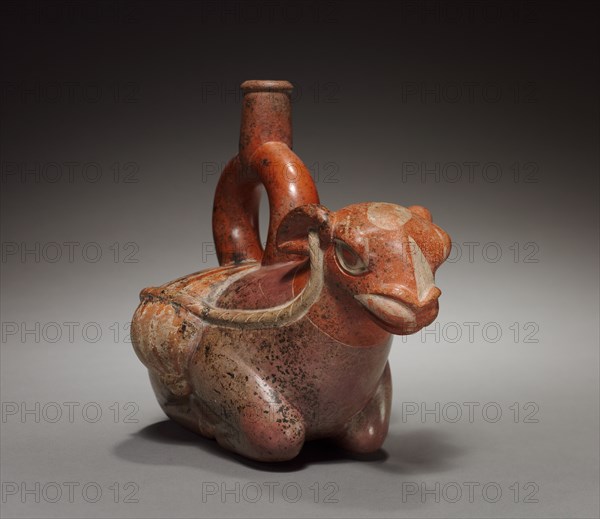 Llama Vessel, c. 200-550. Peru, North Coast, Moche style (50-800). Earthenware with colored slips; overall: 17.8 x 13.2 x 23.1 cm (7 x 5 3/16 x 9 1/8 in.).