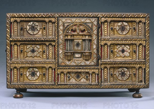 Chest, late 1600s. Spain, Colonial, late 17th Century. Turned and joined wood, gilded and painted red with applied bone columns and bone inlays, wrought iron hardward; overall: 53.5 x 94.5 x 37 cm (21 1/16 x 37 3/16 x 14 9/16 in.).