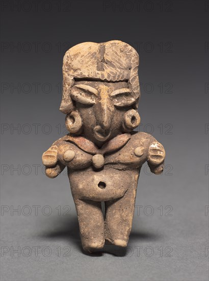 Female Figurine, 400-100 BC. Mexico, Guanajuato, Chupícuaro. Pottery with white and red pigment; overall: 7.8 x 4.5 x 1.8 cm (3 1/16 x 1 3/4 x 11/16 in.).