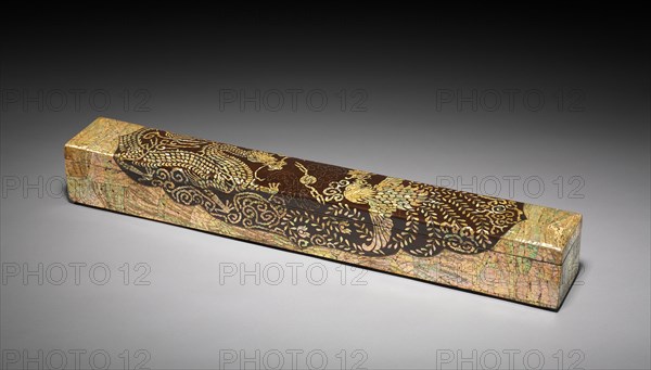 Scroll Box with Dragon and Phoenix Design, 1700s-1800s. Korea, Joseon dynasty (1392-1910). Lacquered wood inlaid with mother-of-pearl and twisted brass and copper wire; overall: 11.5 x 11.6 x 87 cm (4 1/2 x 4 9/16 x 34 1/4 in.).