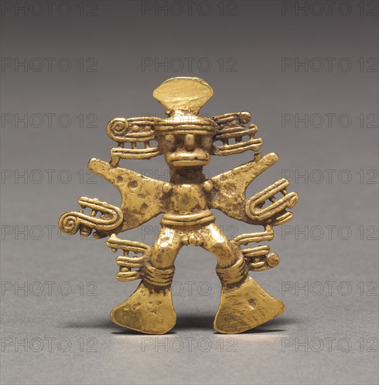 Figurine Pendant, c. 700-1550. Southern Costa Rica, (Diquís Region), Diquís Style, c. 700-1550. Cast and hammered gold; overall: 5.2 x 4.8 x 1.2 cm (2 1/16 x 1 7/8 x 1/2 in.).