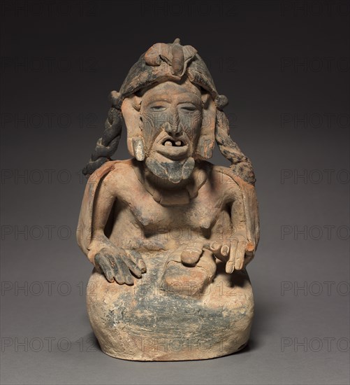Elderly Figure, 600-900. Mexico, Campeche, Veracruz Monumental Sculpture Type. Molded and modeled pottery with gray, tan and black paint; overall: 34.3 x 21 x 21.4 cm (13 1/2 x 8 1/4 x 8 7/16 in.).
