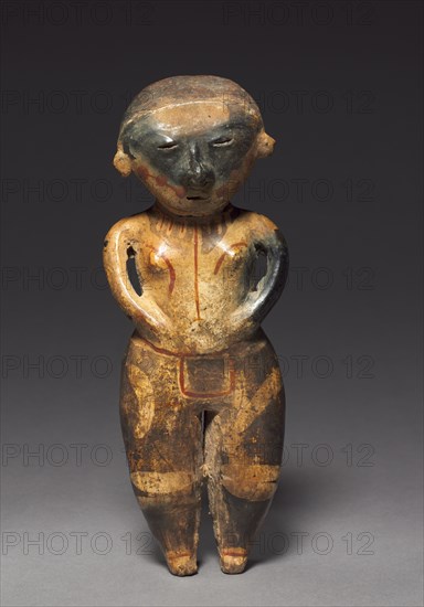 Standing Female Figure, 100 BC - 300. Mexico, Nayarit, Chinesco style. Pottery with colored slips and resist patterning; overall: 20 x 7 x 3.3 cm (7 7/8 x 2 3/4 x 1 5/16 in.).