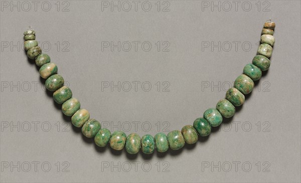 Necklace and Nose Ornament, 150-200. Central Mexico, Teotihuacán, Classic Period. Jadeite-albitite?, gold; overall: 40.3 cm (15 7/8 in.); each bead: 2 cm (13/16 in.).