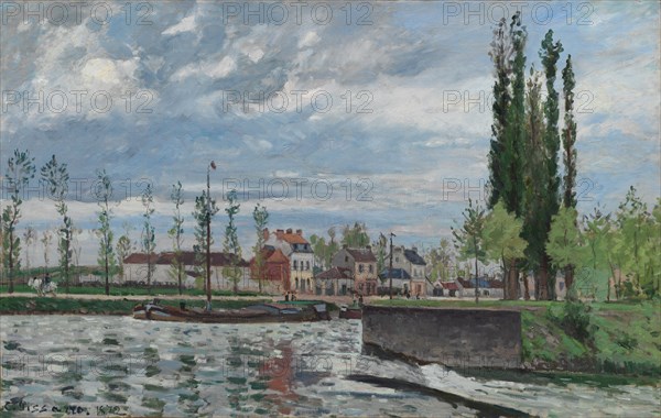 The Lock at Pontoise, 1872. Camille Pissarro (French, 1830-1903). Oil on fabric; framed: 76.8 x 105.7 x 11.4 cm (30 1/4 x 41 5/8 x 4 1/2 in.); unframed: 53 x 83 cm (20 7/8 x 32 11/16 in.).
