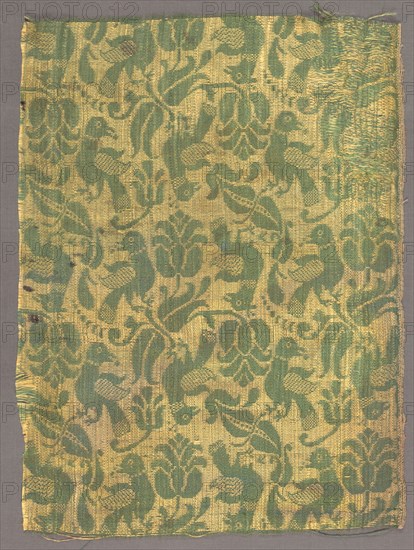Fragment with Birds and Floral Motif, early 1600s. Italy or Spain ?, 17th century. Damask, silk; overall: 35.5 x 26.3 cm (14 x 10 3/8 in.)