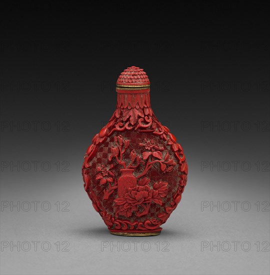 Snuff Bottle with Flowers, 1736-1795. China, Qing dynasty (1644-1912), Qianlong mark and reign (1735-1795). Carved cinnabar lacquer; overall: 7 cm (2 3/4 in.).