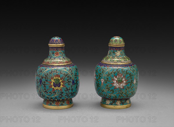 Pair of Snuff Bottles with Floral Scrolls, 1736-1795. China, Qing dynasty (1644-1912), Qianlong mark and reign (1735-1795). Cloisonné enamel; overall: 7 cm (2 3/4 in.).