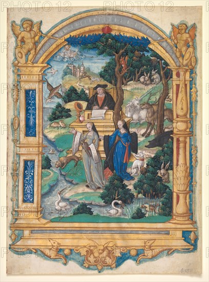 Frontispiece Miniature from the Manuscript of a Poem by Guillaume Crétin: Debate Between Two Women, c. 1537-1540. Master of Francis I (French). Ink, tempera, and liquid gold on vellum; sheet: 27.1 x 20.1 cm (10 11/16 x 7 15/16 in.)