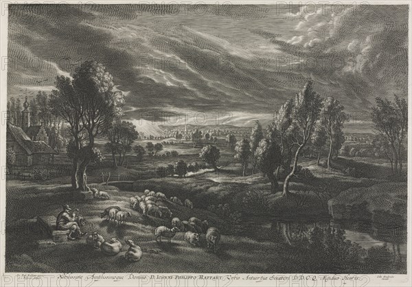 Landscape with Shepherd Playing a Flute. Schelte Adams Bolswert (Flemish, 1586-1659), Peter Paul Rubens (Flemish, 1577-1640). Engraving; sheet: 37.3 x 54.7 cm (14 11/16 x 21 9/16 in.); platemark: 32 x 46.2 cm (12 5/8 x 18 3/16 in.).