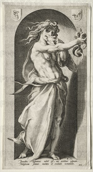 The Seven Vices: Envy, 1593. Jacob Matham (Dutch, 1571-1631), after Hendrick Goltzius (Dutch, 1558–1617). Engraving; sheet: 33.2 x 17.7 cm (13 1/16 x 6 15/16 in.); platemark: 32 x 16.3 cm (12 5/8 x 6 7/16 in.)