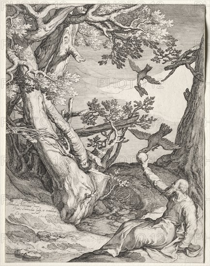 Scenes of the Prophet Elijah: Elijah in the Wilderness Fed by Ravens, 1604. Jan Saenredam (Dutch, 1565-1607), Jan Saenredam (Dutch, 1565-1607), after Abraham Bloemaert (Dutch, 1564-1651). Engraving; sheet: 25.5 x 19.5 cm (10 1/16 x 7 11/16 in.)