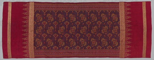 Shoulder Cloth, 1800s. Indonesia, Sumatra, Palembang, 19th century. Weft ikat and gold, tabby weave, brocaded; silk and gold; overall: 226 x 89.9 cm (89 x 35 3/8 in.)