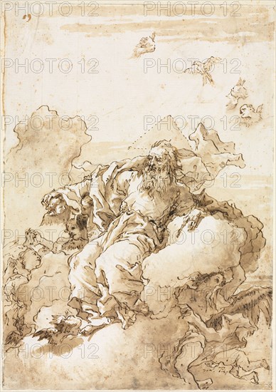 God the Father with Symbol of the Trinity, 1758 or after. Giovanni Domenico Tiepolo (Italian, 1727-1804). Pen and brown ink and brush and brown wash over traces of black chalk; traces of framing lines in silver paint; sheet: 28.1 x 19.8 cm (11 1/16 x 7 13/16 in.); secondary support: 30.8 x 23.1 cm (12 1/8 x 9 1/8 in.).