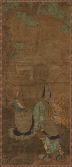 Rakkan (Arhat), 1300s. Japan, Kamakura period (1185-1333) to Nanbokucho period (1336-92). Hanging scroll; ink, color, and cut gold (kirikane) on silk; overall: 95.7 x 40 cm (37 11/16 x 15 3/4 in.).
