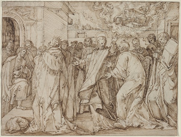 The Parable of the Tribute Money, c. 1580/1600. Master of the Egmont Albums (Dutch). Pen and brown ink with traces of pen and black ink and black chalk, ruled with stylus; framing lines in brown ink; sheet: 27.2 x 35.4 cm (10 11/16 x 13 15/16 in.).