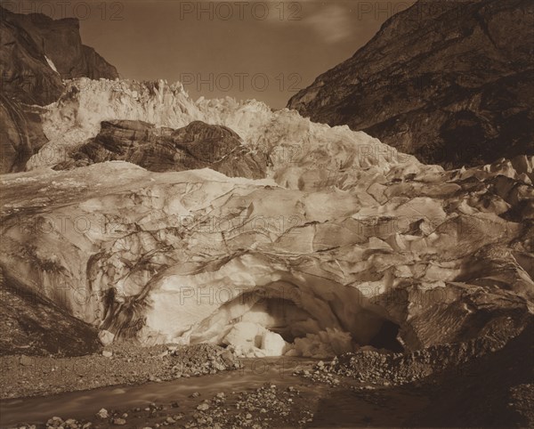 Switzerland. Grindelwald, Upper Glacier, Source of the Lutschine, 1875-1877. Adolphe Braun (French, 1812-1877). Carbon print, toned, from wet collodion negative; image: 38.7 x 48.3 cm (15 1/4 x 19 in.); framed: 59.1 x 74.3 cm (23 1/4 x 29 1/4 in.); paper: 40 x 50.7 cm (15 3/4 x 19 15/16 in.); matted: 55.9 x 71.1 cm (22 x 28 in.)