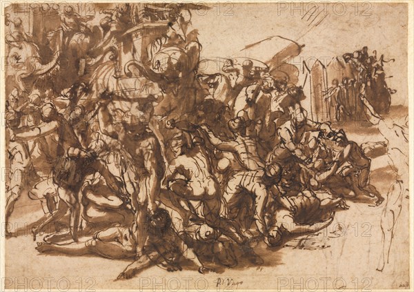 Poros Assailed by the Macedonian Army (recto), c. 1545/47. Perino del Vaga (Italian, 1500/01-1547). Pen and brown ink (iron gall) and brush and brown wash; framing lines in gold paint; sheet: 19.3 x 27.4 cm (7 5/8 x 10 13/16 in.); secondary support: 22.5 x 30.5 cm (8 7/8 x 12 in.).