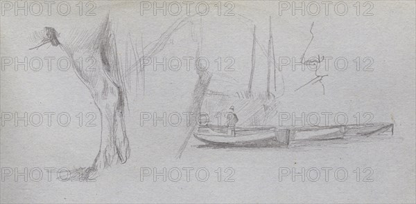 Sketchbook, page 43: Studies: Horse's leg, Figure in a Boat, and Profile. Ernest Meissonier (French, 1815-1891). Graphite