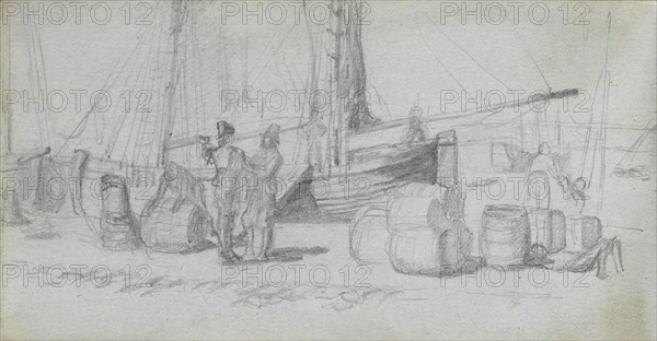 Sketchbook, page 50: Boats, Figures, Cargo on a Beach. Ernest Meissonier (French, 1815-1891). Graphite
