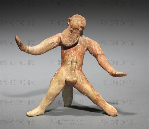 Dancing Satyr, 500-475 BC. Greece, Boeotia, early 5th Century BC. Painted terracotta; overall: 9.8 x 10.8 x 4.7 cm (3 7/8 x 4 1/4 x 1 7/8 in.).