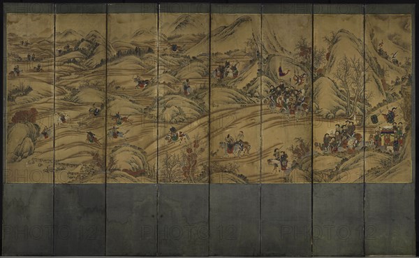 Hunting Scene, 1750s-1800s. Korea, Joseon dynasty (1392-1910). Eight-fold screen, ink and color on silk; overall: 214.6 x 345.4 cm (84 1/2 x 136 in.).