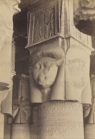 Dendera, Interior of the Temple, Hathor Capitals, c. 1870s - 1880. Antonio Beato (British, c. 1825-1903). Albumen print from wet collodion negative; image: 26 x 20 cm (10 1/4 x 7 7/8 in.); matted: 50.8 x 40.6 cm (20 x 16 in.)
