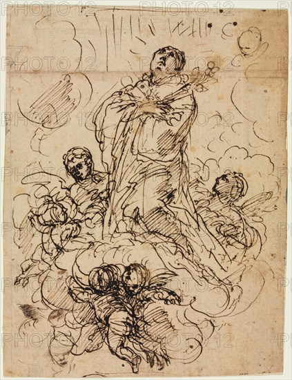 Apotheosis of a Saint, c. 1700?. Attributed to Antonio Domenico Gabbiani (Italian, 1652-1726). Pen and brown ink (iron gall) with graphite (architectural element); sheet: 22.1 x 16.7 cm (8 11/16 x 6 9/16 in.); secondary support: 22.1 x 16.7 cm (8 11/16 x 6 9/16 in.).