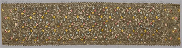 Christening Mantle (?), late 1500s. Italy, late 16th century. Silk, gold thread; embroidery: couching, stem, long, and short stitches; overall: 204.5 x 50 cm (80 1/2 x 19 11/16 in.)