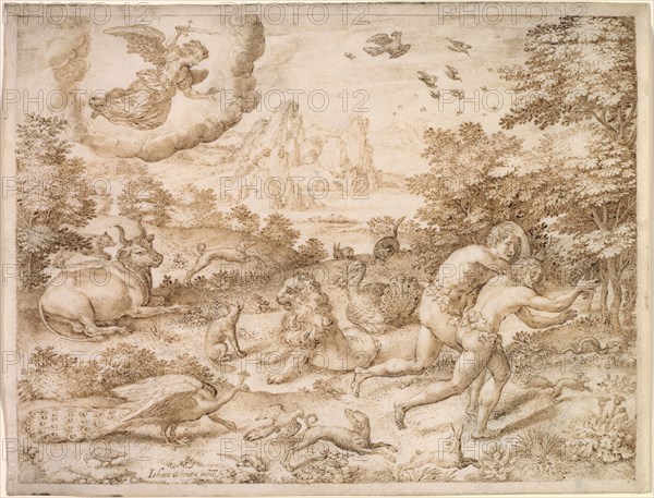 The Expulsion from Paradise, c. 1606. Jan Wierix (Flemish, c. 1549-aft 1615). Pen and brown ink, framing lines in brown ink; sheet: 9.5 x 12.4 cm (3 3/4 x 4 7/8 in.); image: 9 x 11.9 cm (3 9/16 x 4 11/16 in.).