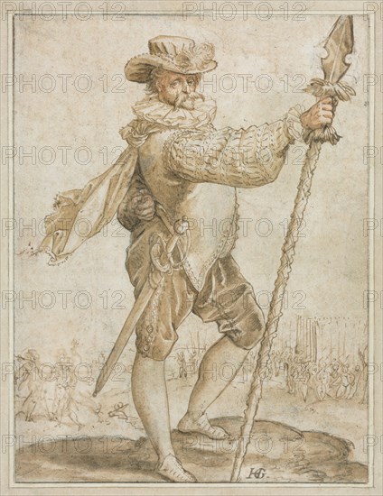 Standing Officer Holding a Boar's Spear, 1586. Hendrick Goltzius (Dutch, 1558–1617). Pen and brown ink and brush and brown wash with red chalk (in the face and hands), heightened with traces of white, over black chalk, incised throughout, framing lines in brown ink and graphite; sheet: 20.6 x 15.6 cm (8 1/8 x 6 1/8 in.).