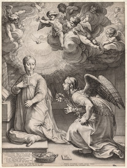 The Life of the Virgin: The Annunciation, 1594. Hendrick Goltzius (Dutch, 1558–1617). Engraving; sheet: 47 x 35.1 cm (18 1/2 x 13 13/16 in.); image: 46.1 x 34.9 cm (18 1/8 x 13 3/4 in.)