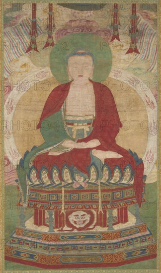 Seated Amitabha, late 1500s-early 1600s. Chinese, Ming dynasty (1368-1644). Hanging scroll, ink and color on silk; overall: 234.9 x 105.7 cm (92 1/2 x 41 5/8 in.); painting only: 128.5 x 73 cm (50 9/16 x 28 3/4 in.).