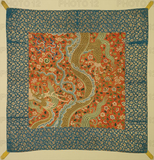 Canopy with Dragon Among Flowers, late 1100s. China, Center: Southern Song dynasty (1127-1270)  Border: Ming dynasty (1368-1644). Center: silk, gold; tapestry weave (kesi)  Border: silk, gold; lampas; overall: 87 x 84.5 cm (34 1/4 x 33 1/4 in.)