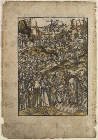 The Passion:  The Raising of Lazarus, before 1508. Urs I Graf (Swiss, c. 1485-1527/29). Woodcut handcolored with watercolor